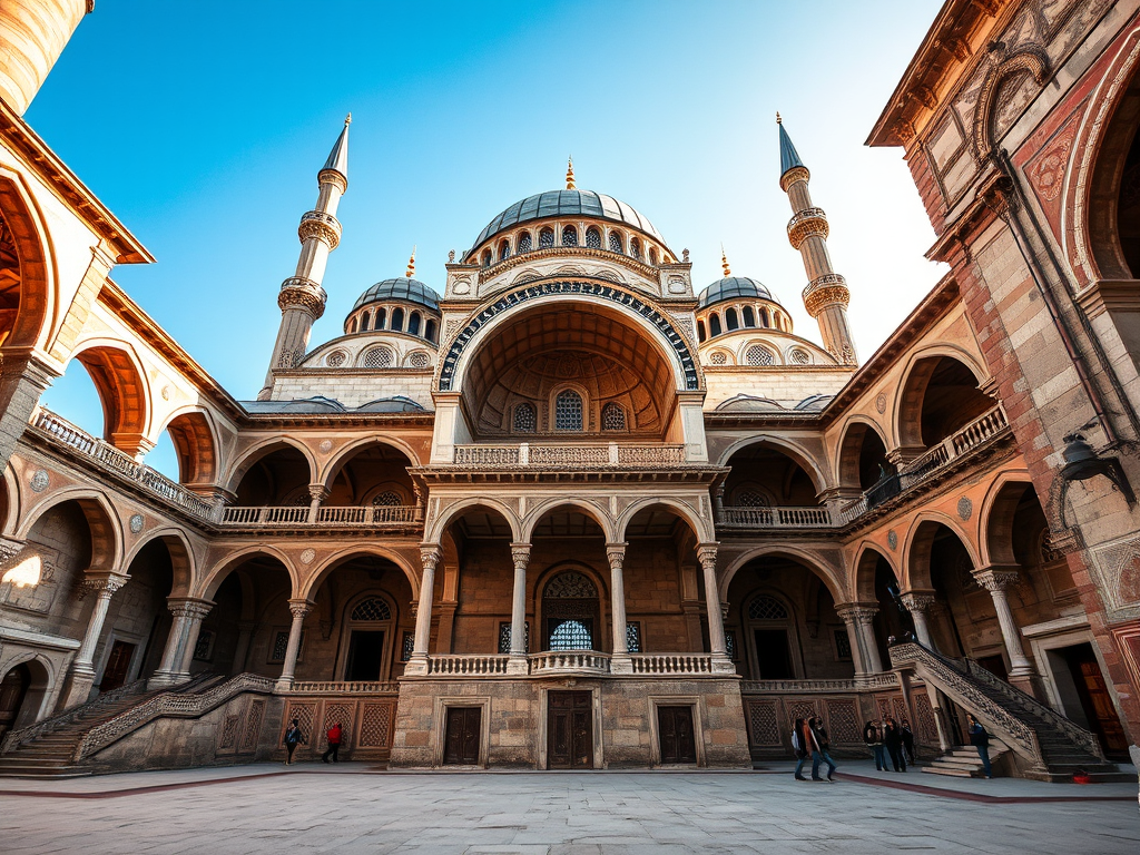 Selimiye Camii'nin iç avlusu, Osmanlı mimarisinin etkileyici detaylarıyla dolu, güneş ışığı altında dramatik bir görüntü.