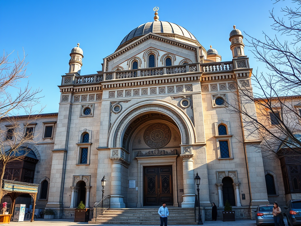 Büyük bir sinagog binası, etkileyici mimarisi ve kubbeli çatısıyla öne çıkıyor. Önünde birkaç kişi ve ağaçlar var.