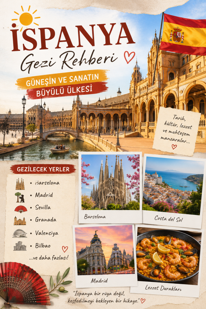 İspanya gezi rehberi, tarihi ve sanatsal yerleri tanıtan bir tasarım. Üstte İspanya bayrağı ve güneş yer almakta. Madrid, Barcelona, Sevilla ve daha fazla şehir hakkında bilgiler içeriyor.