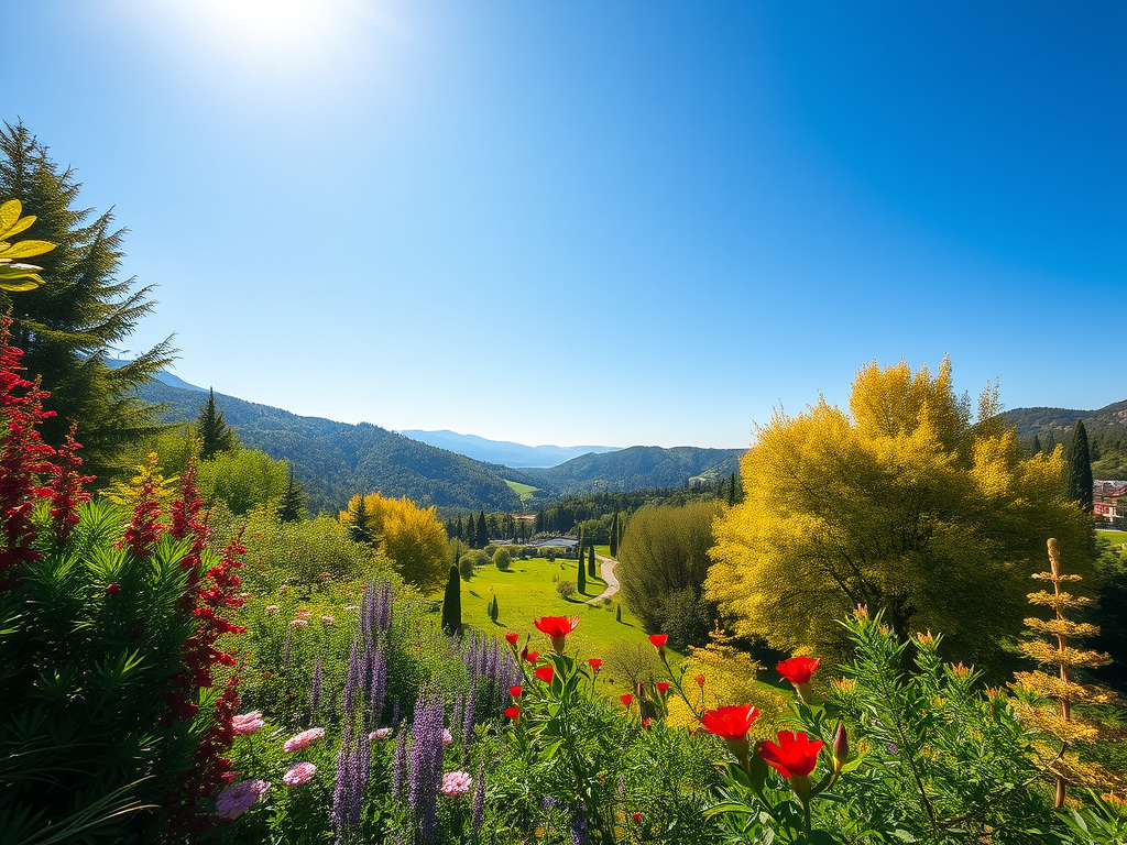 Güneşli bir günde, dağların ve yeşil alanların manzarası; önde rengarenk çiçeklerle dolu bir bahçe.