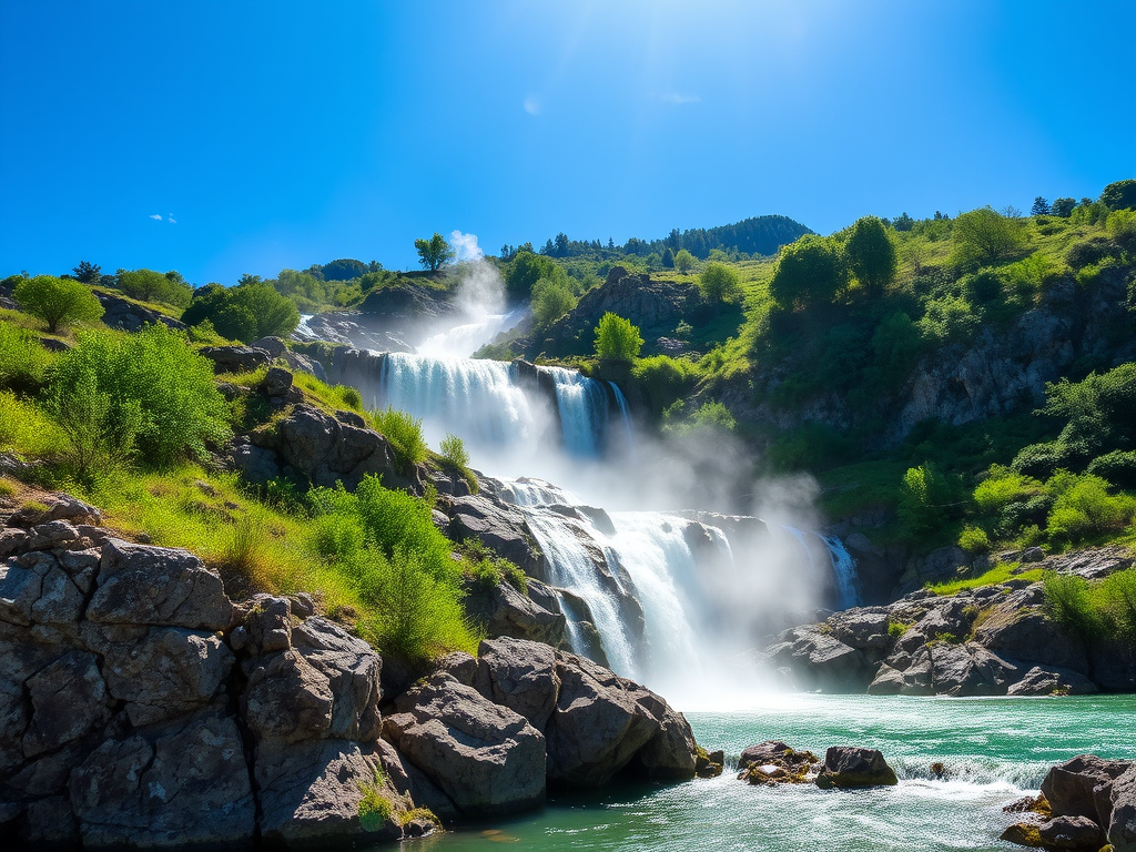 Büyük bir şelale, çevresinde yeşil ağaçlar ve kayalıklarla sarılı, mavi bir gölün üzerinde suyun döküldüğü görüntü.