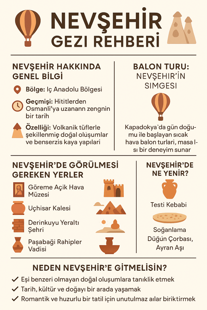 Nevşehir gezisi için hazırlanmış bilgi grafiği, bölgenin tarihi, doğal zenginlikleri ve gezilecek yerleri hakkında bilgiler sunuyor. Kapadokya'nın simgesi olan sıcak hava balonları, yer altı şehirleri ve ikonik peribacaları ile ilgili görseller içeriyor.