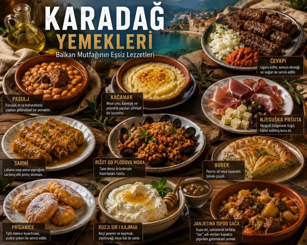 Karadağ mutfağından çeşitli yemekler; Pasulj, Kaçamak, Ćevapi, Njeguška Pršuta, Sarmı, Rižot od Plodova Mora, Burek, Priganice, Kozi Sıri Kajmak ve Janjetina Ispod Sače ile sunulmaktadır.