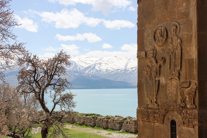 Karlı dağlar ve su kenarında bir tarihi yapının yanı, çiçek açmış bir ağaç.
