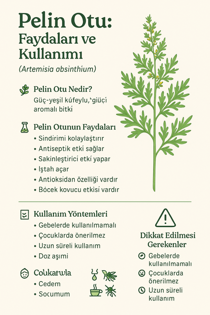 Pelin Otu (Artemisia absinthium) ile ilgili fayda ve kullanım yöntemlerini açıklayan bir infografik.