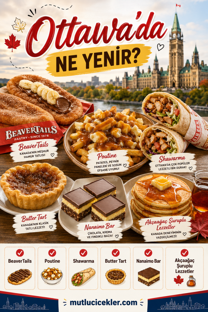 Ottawa'da yenilebilecek popüler yiyeceklerin görseli. BeaverTails, Poutine, Shawarma, Butter Tart ve Nanaimo Bar gibi lezzetler, arka planda Parlamento Binası ile birlikte sunuluyor.