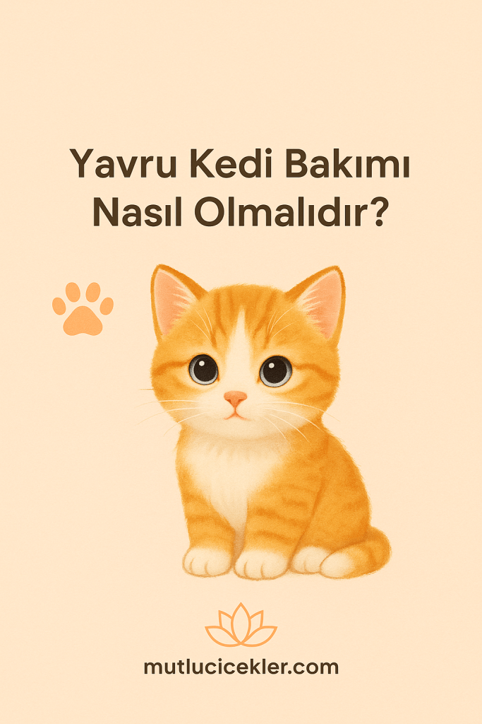 Yavru kedi illüstrasyonu, arka planda pastel tonlarda bir zemin ve 'Yavru Kedi Bakımı Nasıl Olmalıdır?' yazısı ile birlikte.