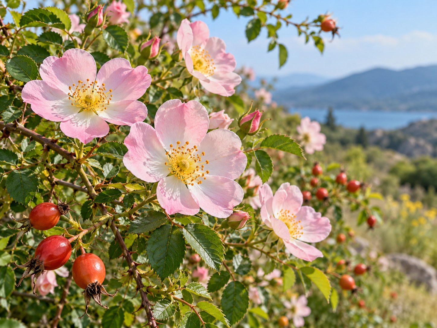 Deligül çiçeği (Rosa canina) pembe yabani gül çiçekleri ve kırmızı kuşburnu meyveleri