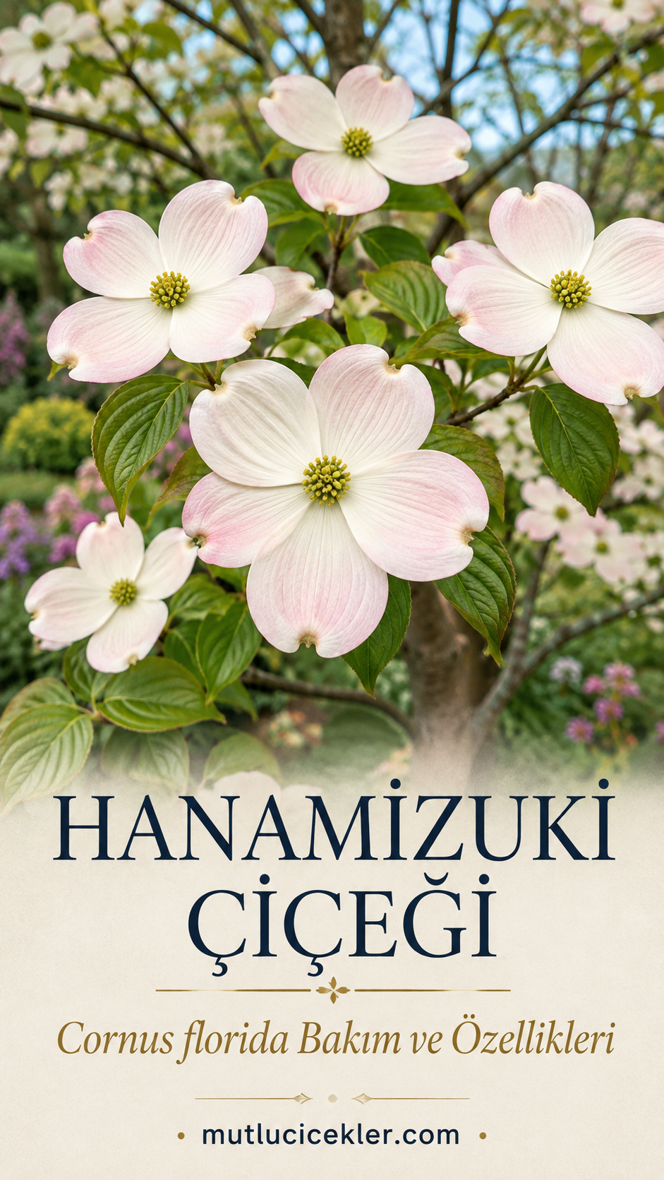 Dört çentikli brahtıyla beyaz pembe Hanamizuki çiçeği Cornus florida
