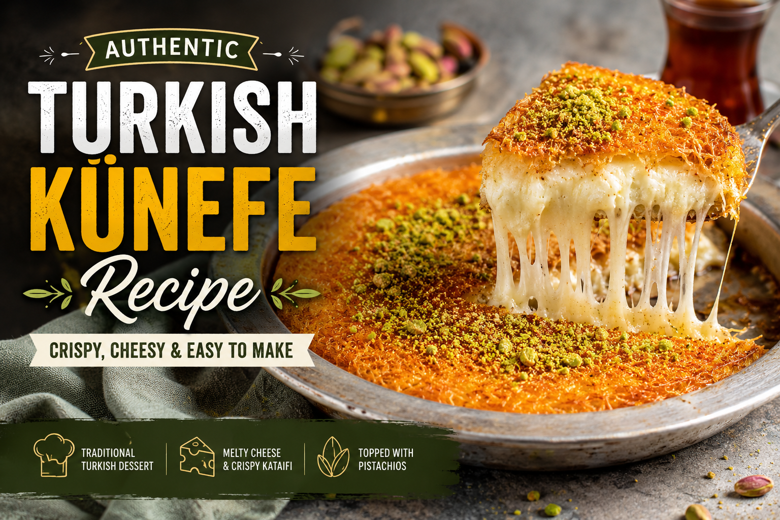 Authentic Turkish künefe recipe with crispy kataifi, melted cheese and pistachios