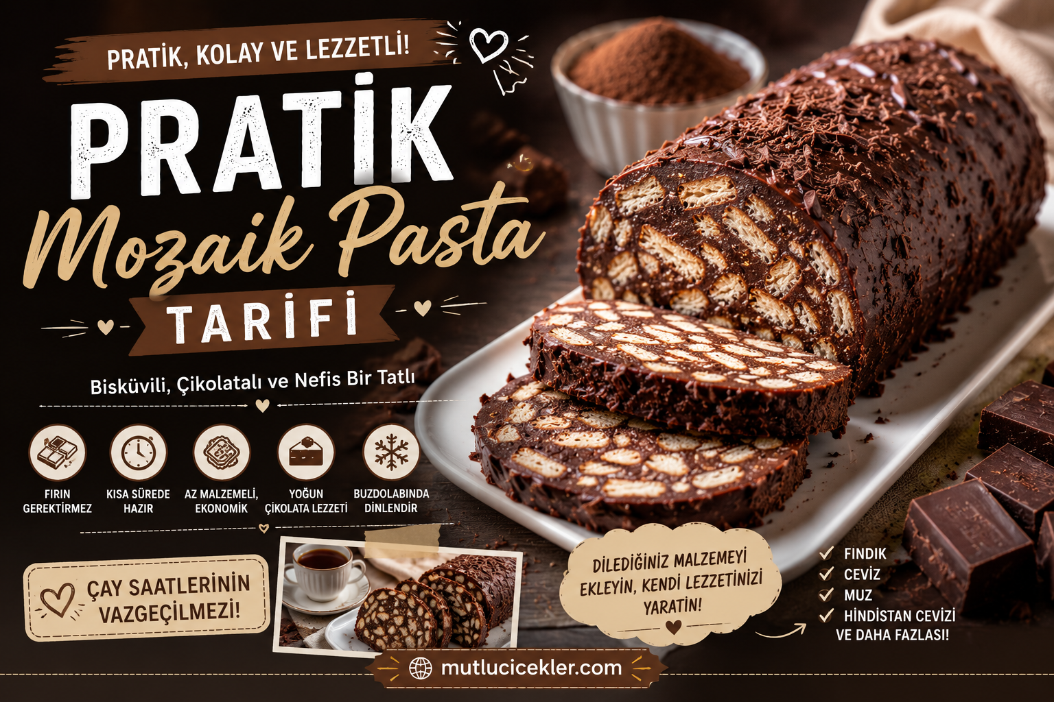 🍫 Pratik Mozaik Pasta Tarifi: Bisküvili ve Çikolatalı Kolay Tatlı