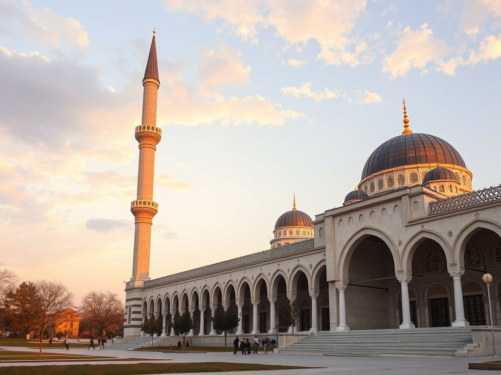 Güneşli bir akşamda, tarihi bir caminin minaresi ve kubbeleri görünmektedir.