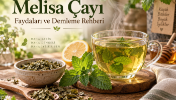 Kurutulmuş melisa yapraklarıyla hazırlanmış bir fincan melisa çayı