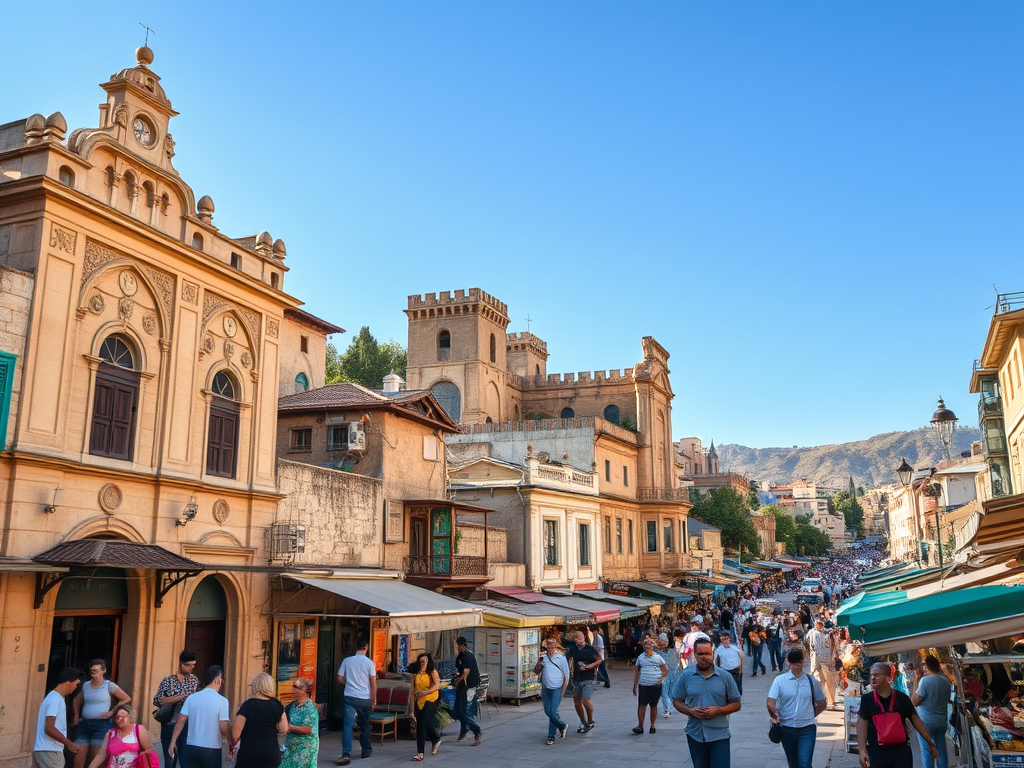 Bir sokakta yürüyen kalabalık, tarihi binalar ve dağ manzarası.