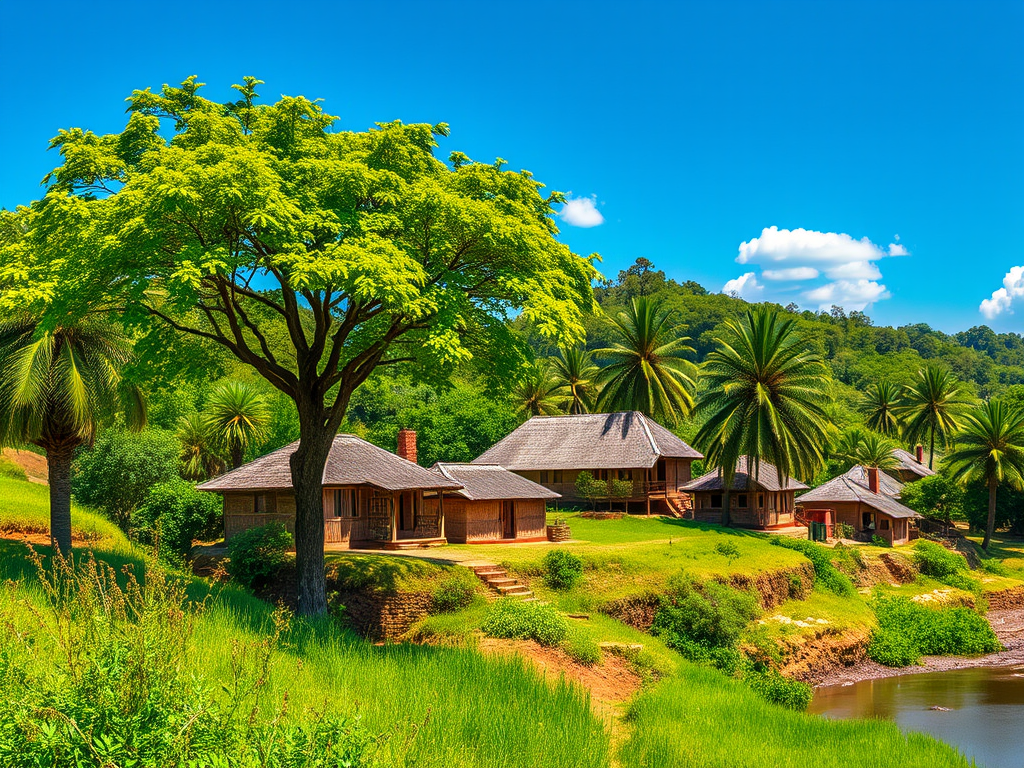 Yeşil ağaçların ve palmiyelerin arasında yer alan doğal bir manzara, nehir kenarındaki evler ve mavi gökyüzü.