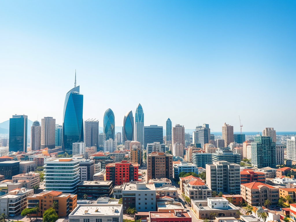 Modern bir şehir manzarası, yüksek binalar ve mavi gökyüzü ile.