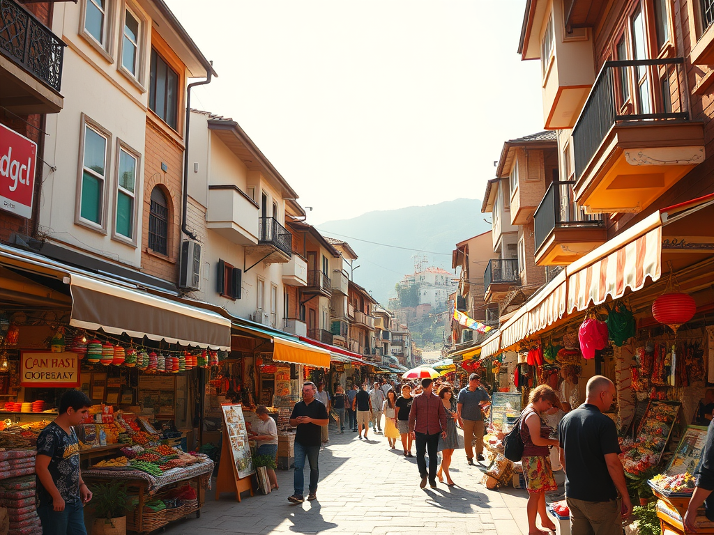 Renkli tezgahların bulunduğu hareketli bir pazar sokağı, insanlar alışveriş yapıyor.
