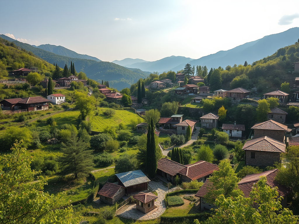 Yeşil dağların arasında yer alan bir köy manzarası, geleneksel yapılar ve doğayla iç içe bir ortam.