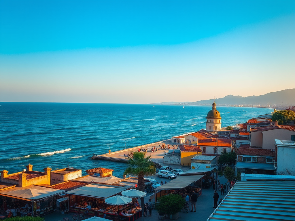 Deniz manzaralı bir sahil şehri, dalgalar ve kumsal ile birlikte tarihi binalar ve palmiyeler barındırıyor.