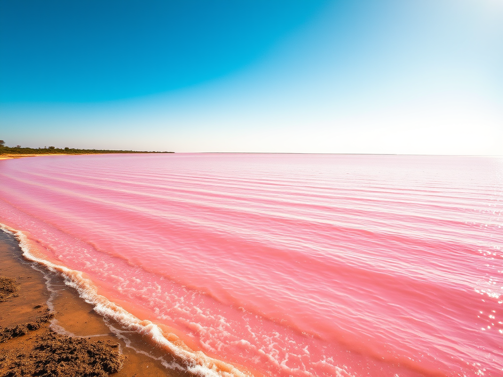 Pembe renkte bir göl ve mavi gökyüzünün bulunduğu manzara.