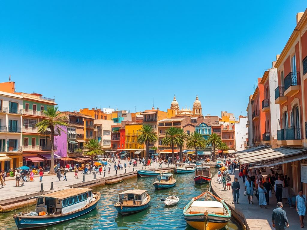 Renkli binaların ve palmiyelerin bulunduğu bir kanal manzarası, kanalda geleneksel botlar ve yürüyen kalabalık.