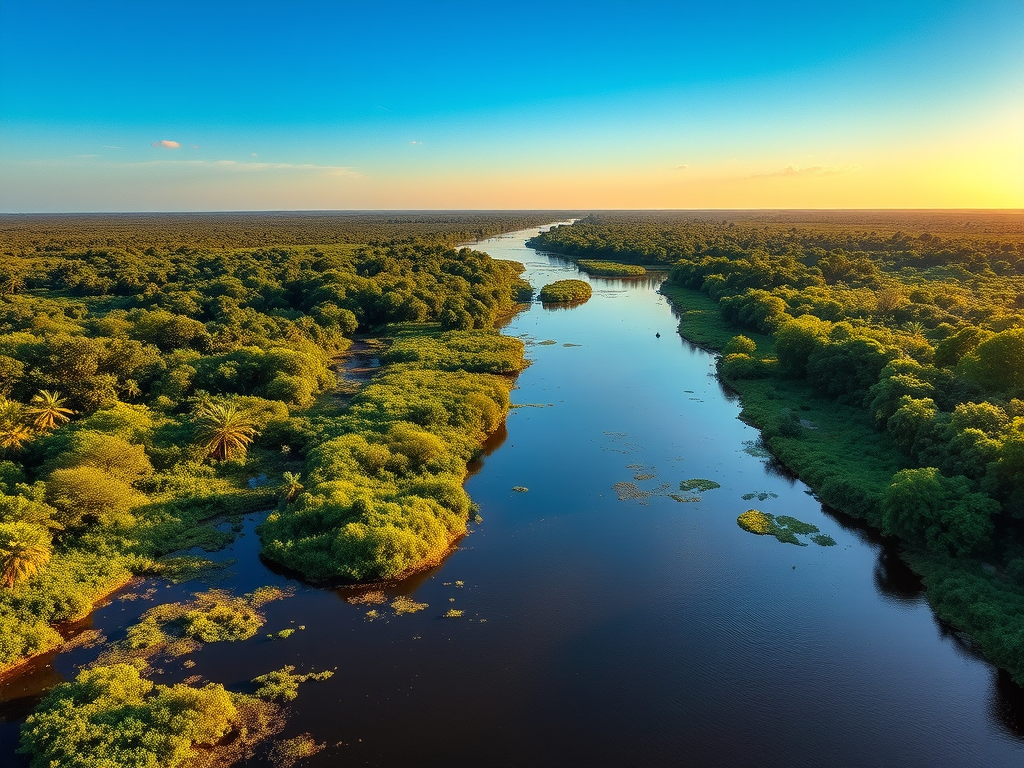 Yeşil ağaçlarla çevrili geniş bir nehir manzarası, suyun yansımalarıyla birlikte gün batımında parlıyor.