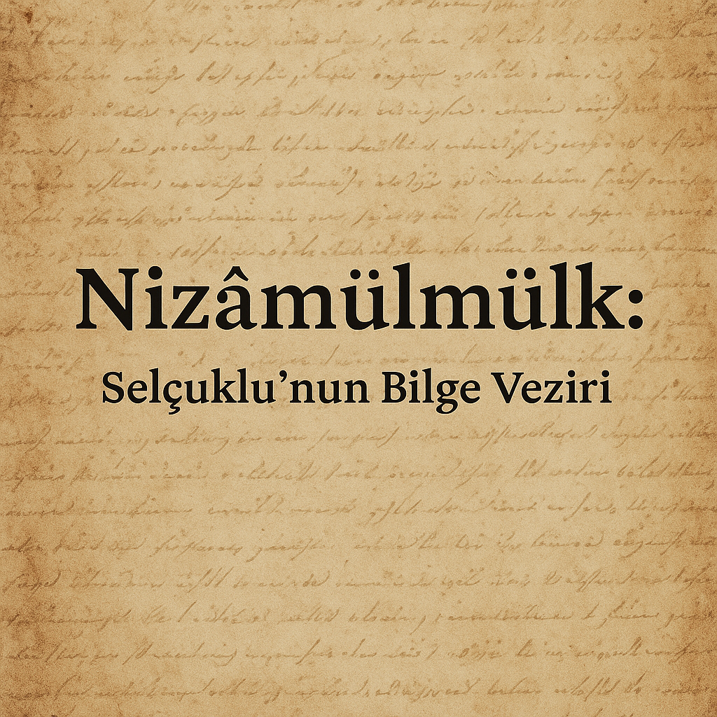 Nizâmülmülk: Selçuklu'nun Bilge Veziri başlığıyla eski bir yazılı sayfanın arka planında yer alan metin.