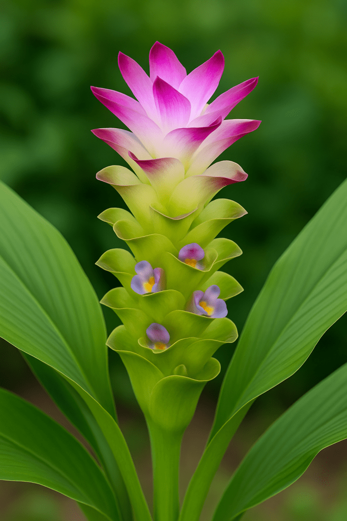 Curcuma zerdeçal çiçeği, canlı pembe ve mor tonlarında çiçek açmış bir bitkidir.
