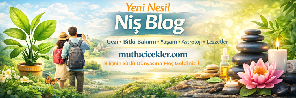 Yeni nesil niş blogu tanıtan bir görsel, arka planda doğal bir manzara, ön planda bir çiftin telefonla fotoğraf çektiği, yeşil bitkiler ve taşlarla süslenmiş bir ortam.