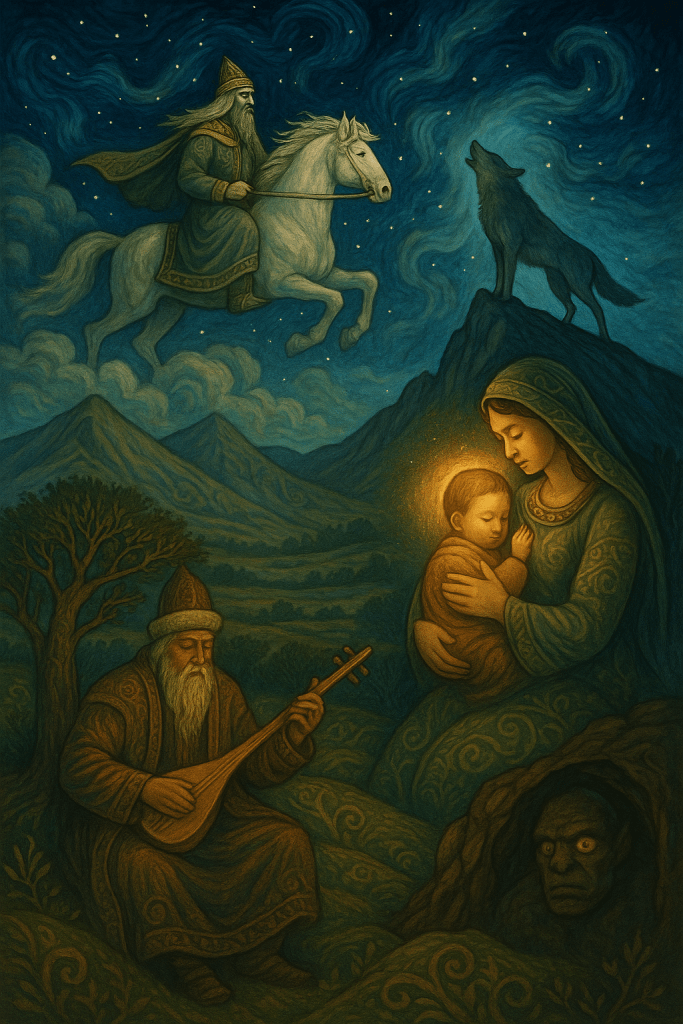 Bir at üzerinde giden bir figür, uzakta bir dişi kurt, bir kadın ve kucağında bir çocuk ile birlikte bir dağın yamacında oturan bir başka figür, arka planda yıldızlı bir gece manzarası.