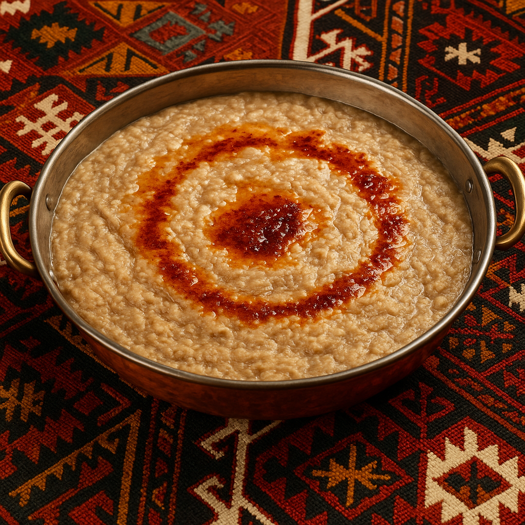 Tandırda pişen keşkek tabağı, üzeri tereyağı ve salçalı sos ile zenginleştirilmiş, geleneksel desenli bir örtü üzerinde sunulmuş.