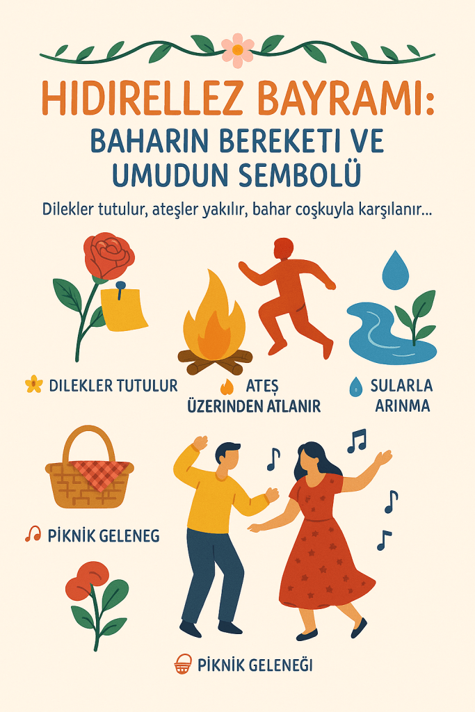 Hıdırellez Bayramı temasıyla birlikte çeşitli etkinlik ve gelenekleri temsil eden illüstrasyon; dileklerin tutulması, ateşin üzerinden atlanması, sularda arınma ve piknik geleneğini simgeler.