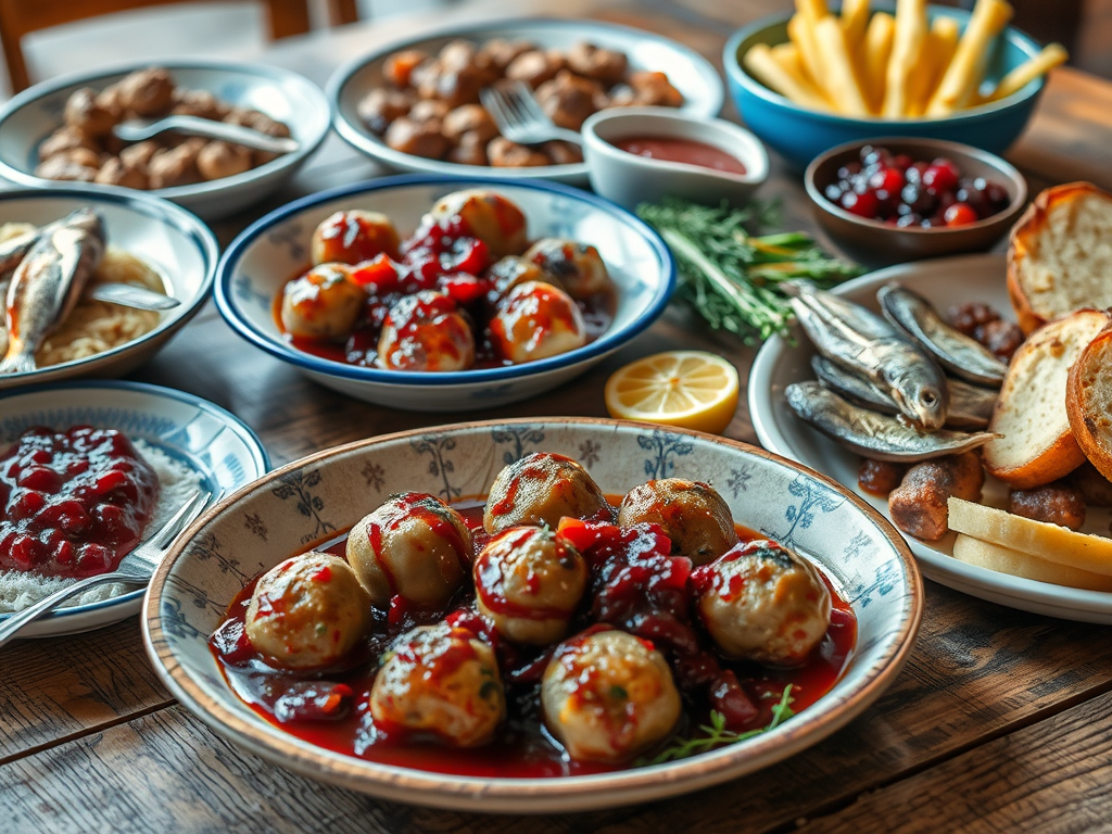 Tabaklarda çeşitli İsveç yemeklerinin sunulduğu renkli bir masa görüntüsü. Ön planda kesinlikle Köttbullar (İsveç köftesi) ve yanında kırmızı yaban mersini sosuyla birlikte yer alıyor. Diğer tabaklarda balık, ekmek ve farklı mezeler bulunuyor.