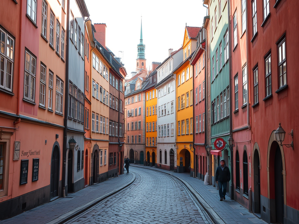 Gamla Stan bölgesinde, pastel renkli binalar ve dar taş sokaklar arasında bir yol görüntüsü.
