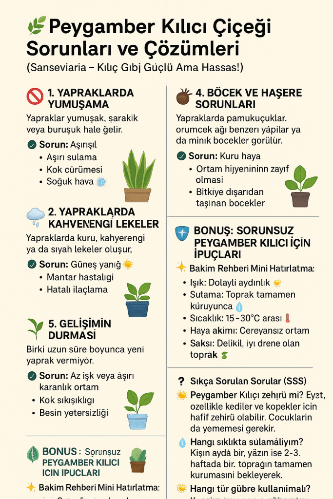 Bir peygamber kılıcı bitkisi ile ilgili bakım sorunları ve çözümlerini içeren bilgi grafiği.