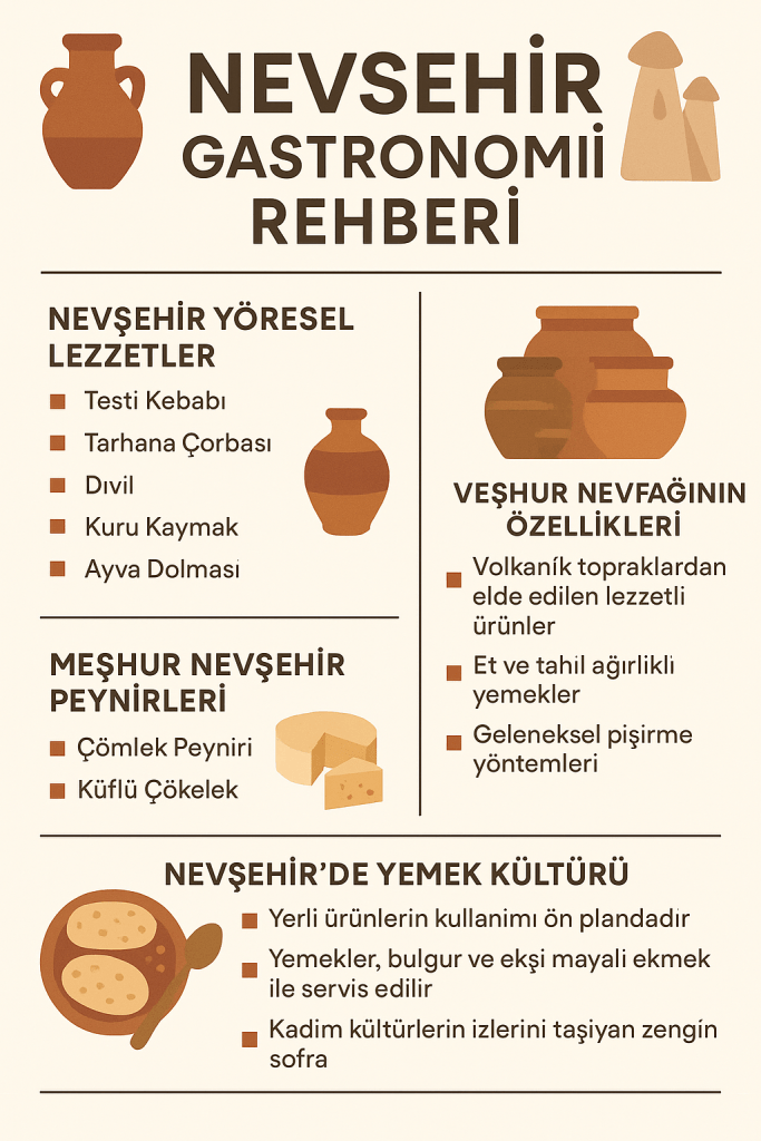 Nevşehir gastronomisi rehberi, yöresel lezzetleri ve özel ürünleri tanıtan bir infografik.