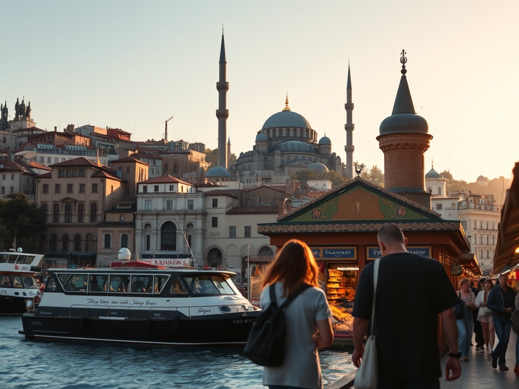İstanbul'da gün batımında yürüyen insanlar, arka planda tarihi yapılar ve bir tekne manzarası.