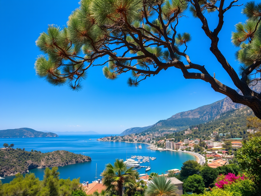 Fethiye, Ölüdeniz manzarasıyla dolu bir sıcak yaz günü, sakin koylar ve yeşil ağaçlar ön plana çıkıyor.