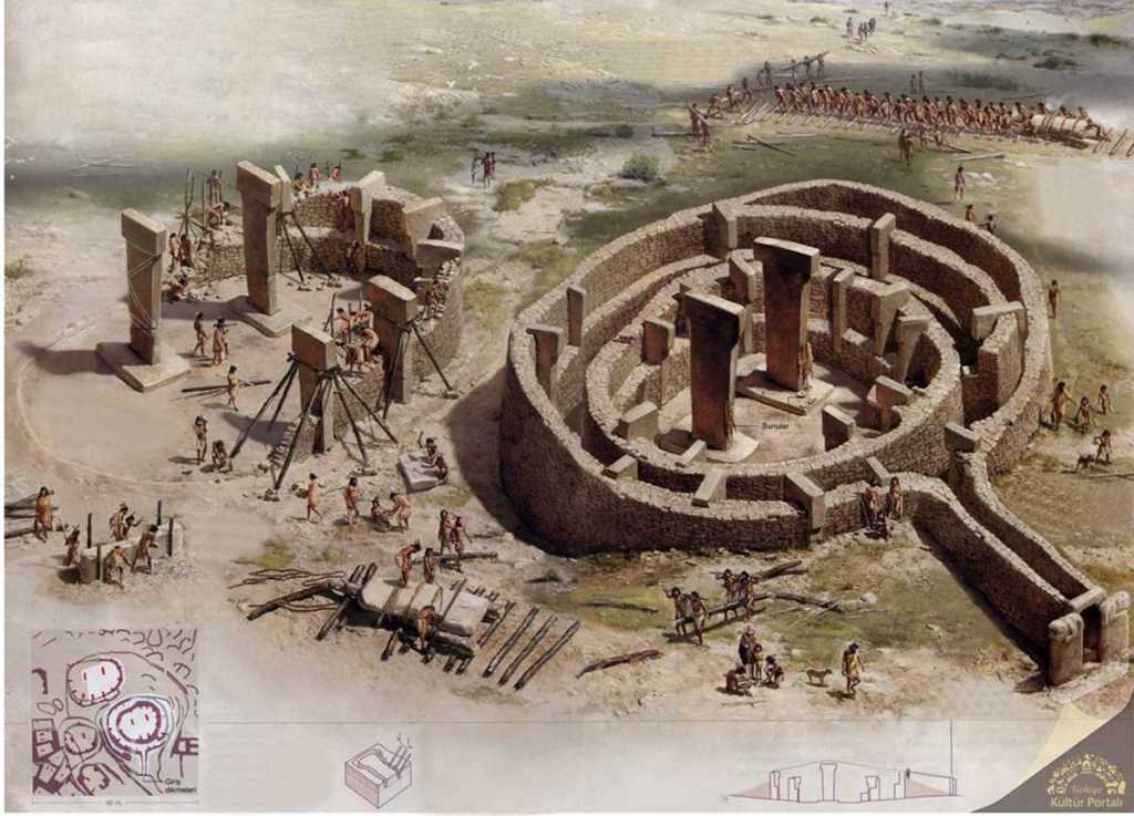 Göbeklitepe antik tapınak alanının rekonstrüksiyonu, işçilerin taşları yerleştirdiği, büyük taşların yer aldığı yapılar ve çevredeki günlük yaşamı betimleyen bir sahne.