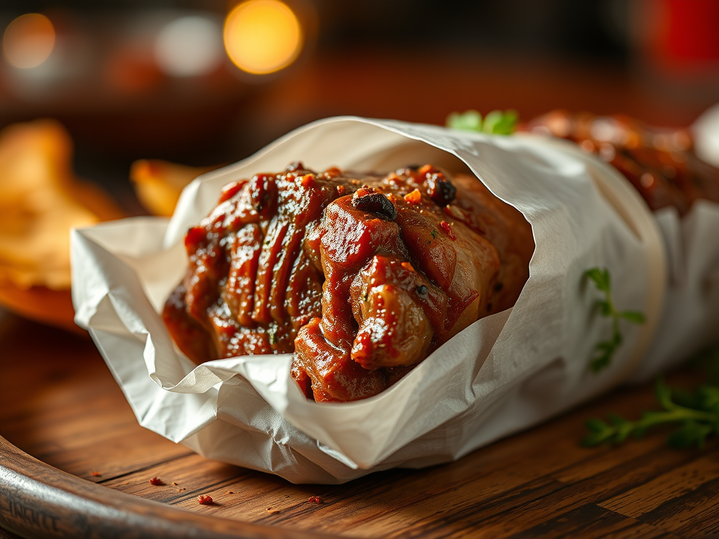 Kağıt kebabı, yağlı kağıda sarılı şekilde fırınlanmış kuzu eti; yanında yeşilliklerle sunulmuş, iştah açıcı bir görsel.