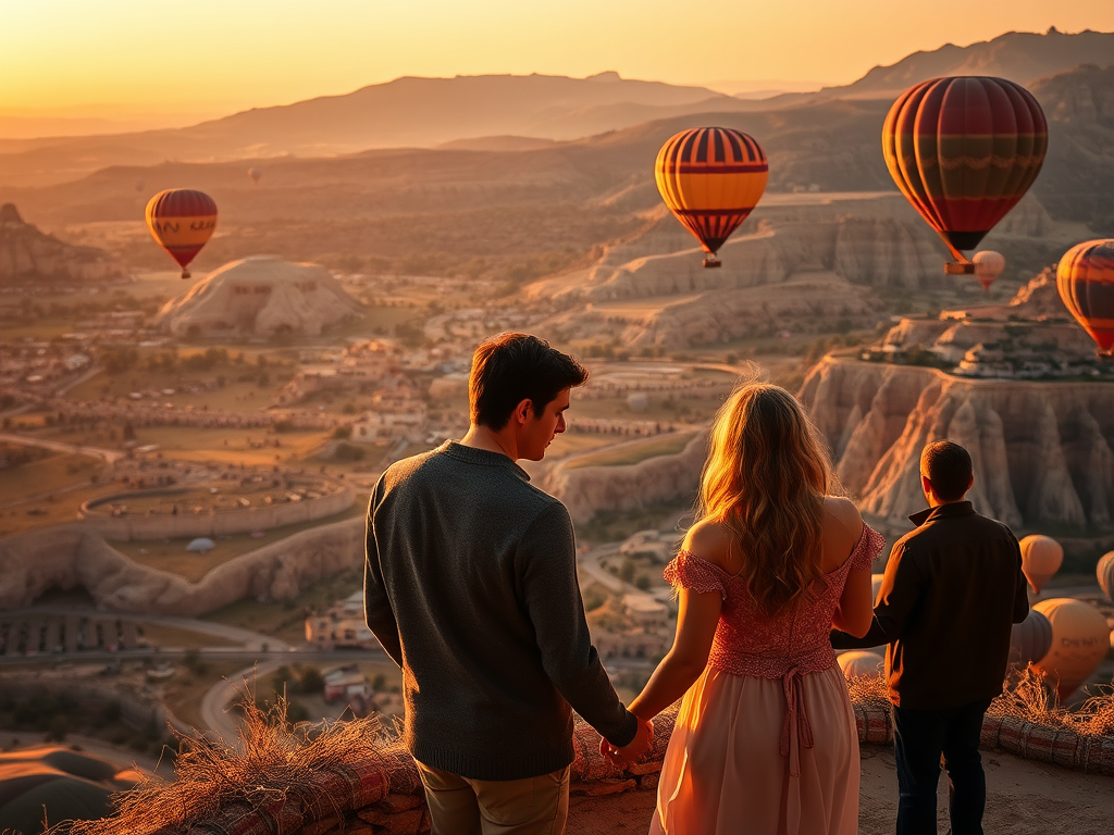 Gün batımında balonların yükseldiği Kapadokya manzarasında romantik bir an paylaşan bir çift.