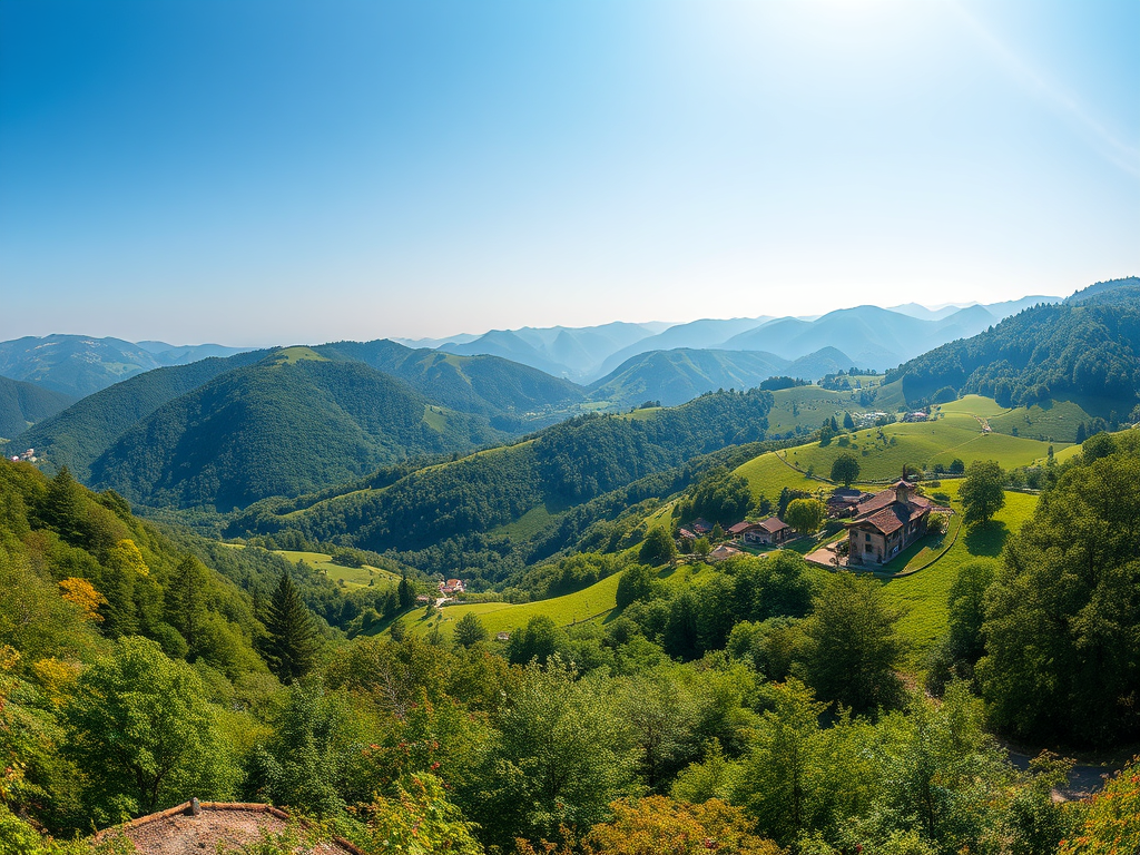 A panoramic view of lush green hills and mountains under a clear blue sky, featuring a small village with traditional houses nestled within the landscape.