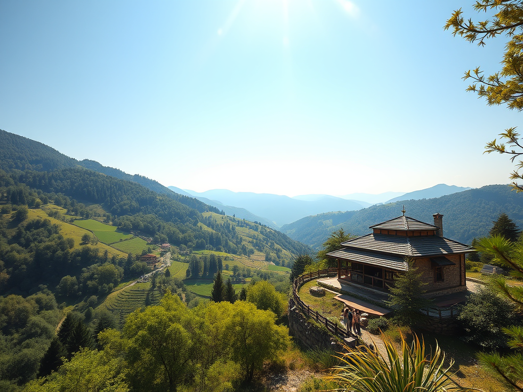 Yayla manzarası ile çevrili, dağ eteklerinde yer alan ahşap bir ev, güneşli bir günde görüntüleniyor.