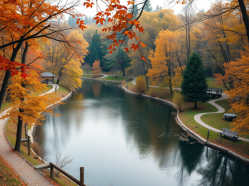 Sonbahar renklerinin hâkim olduğu bir park manzarası, sakin bir göl ve çevresindeki yürüyüş yolları.