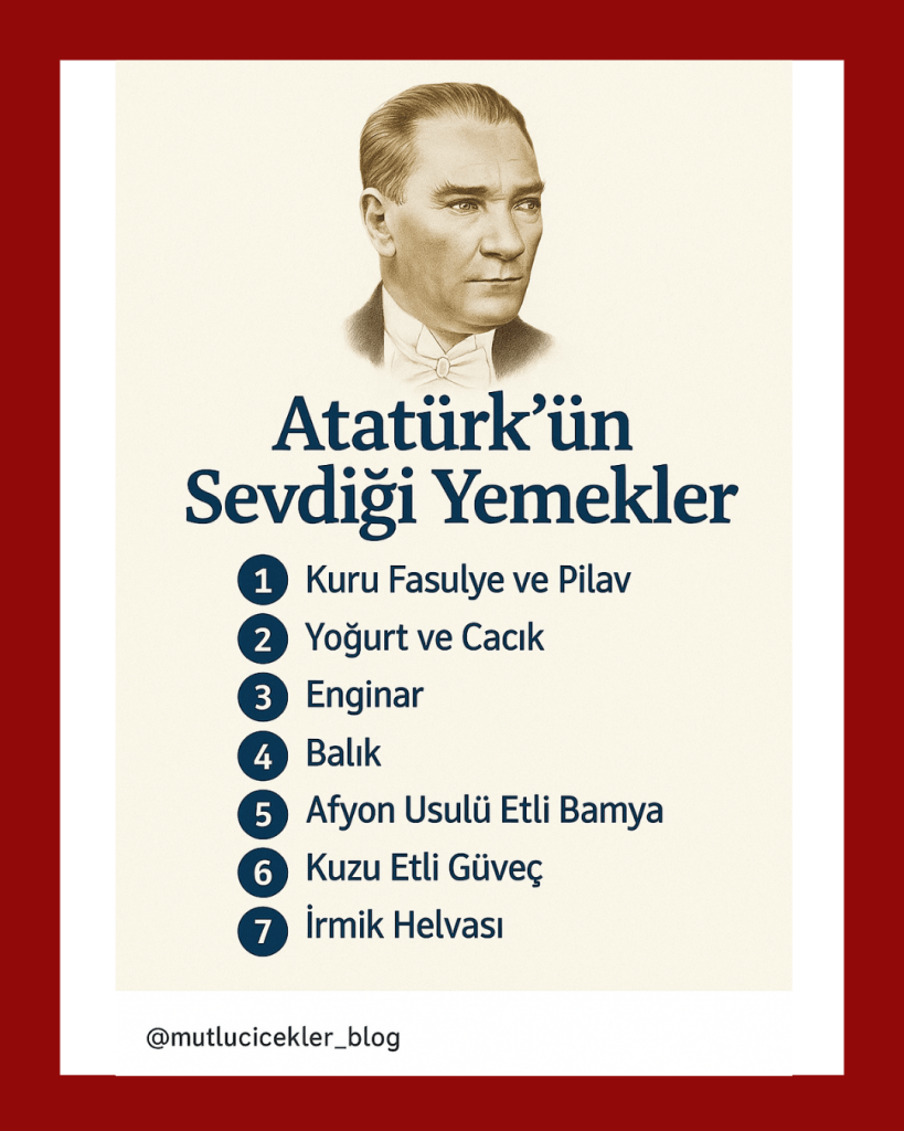 Gazi Mustafa Kemal Atatürk'ün en sevdiği yemeklerin listesi, sade bir tasarım ile sunulmaktadır. Liste, Kuru Fasulye ve Pilav, Yoğurt ve Cacık, Enginar, Balık, Afyon Usulü Etli Bamya, Kuzu Etli Güveç ve İrmik Helvası gibi yemekleri içermektedir.