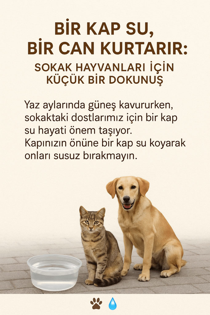 Yaz aylarında bir kap su ile beslenen sokak hayvanlarını gösteren bir görüntü. Görselde bir kedi ve bir köpek, su kabının önünde oturuyor.