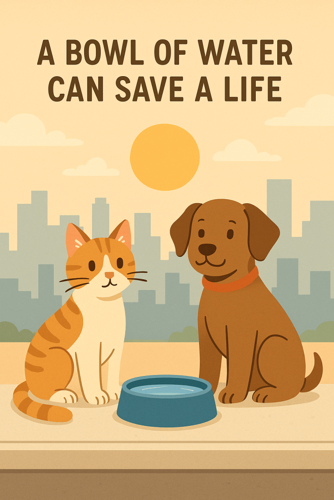 An illustration of a cat and a dog sitting beside a water bowl under a bright sun, with the text 'A BOWL OF WATER CAN SAVE A LIFE' above them.