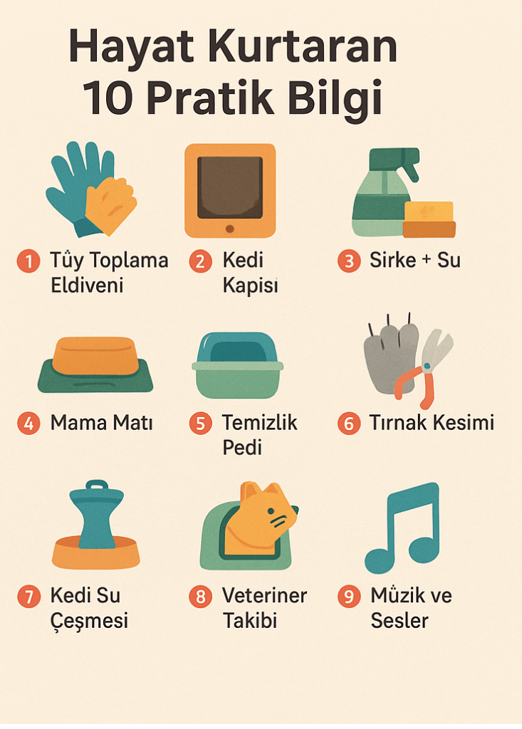 Evde kedi sahiplerine yönelik 10 pratik bilgi ve öneri.