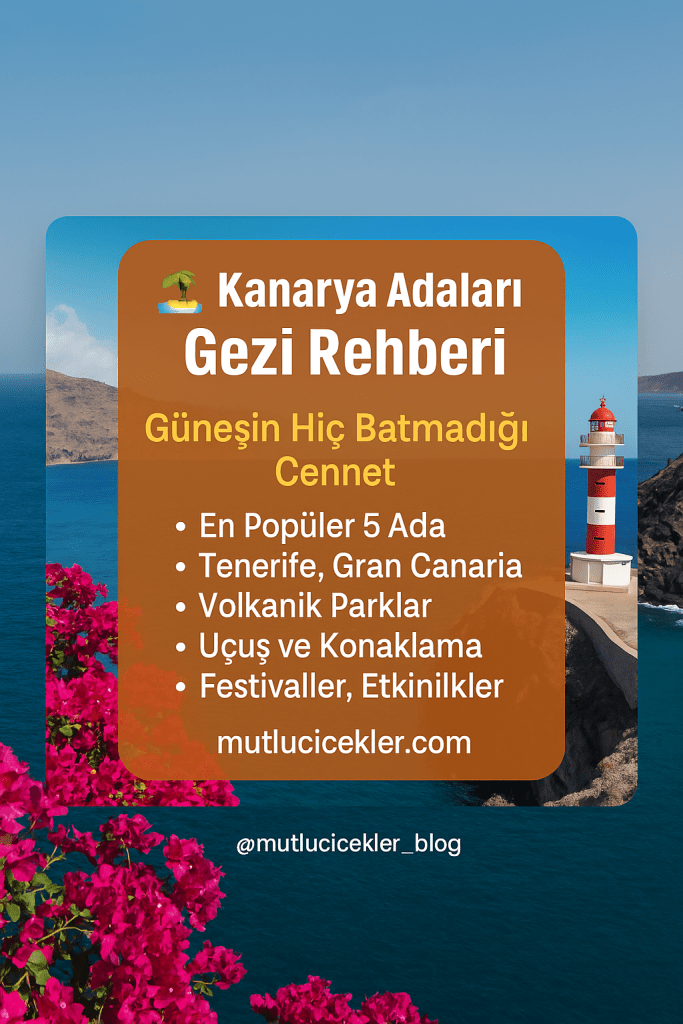 Kanarya Adaları Gezi Rehberi başlıklı, deniz ve doğal güzellikler ile çevrili bir arka plana sahip, üzerinde tatil önerileri ve bilgiler bulunan grafik.