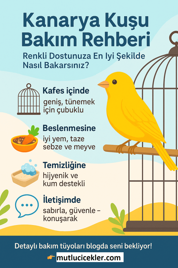 Bir kanarya ve kafes resmi, kanarya bakımıyla ilgili bilgi veren grafiksel bir tasarım.